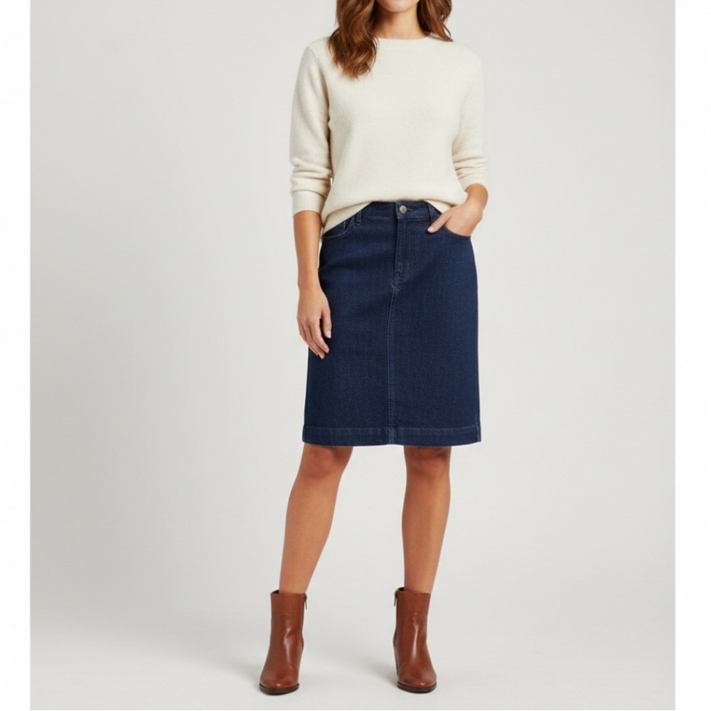 Eileen Fisher Dark Wash Organic Cotton Denim Straight Pencil Skirt - Size Medium
